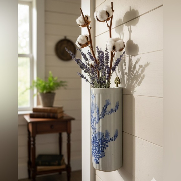 Vintage Blue & White Porcelain Wall Vase Floral Motif - Picture 3 of 17